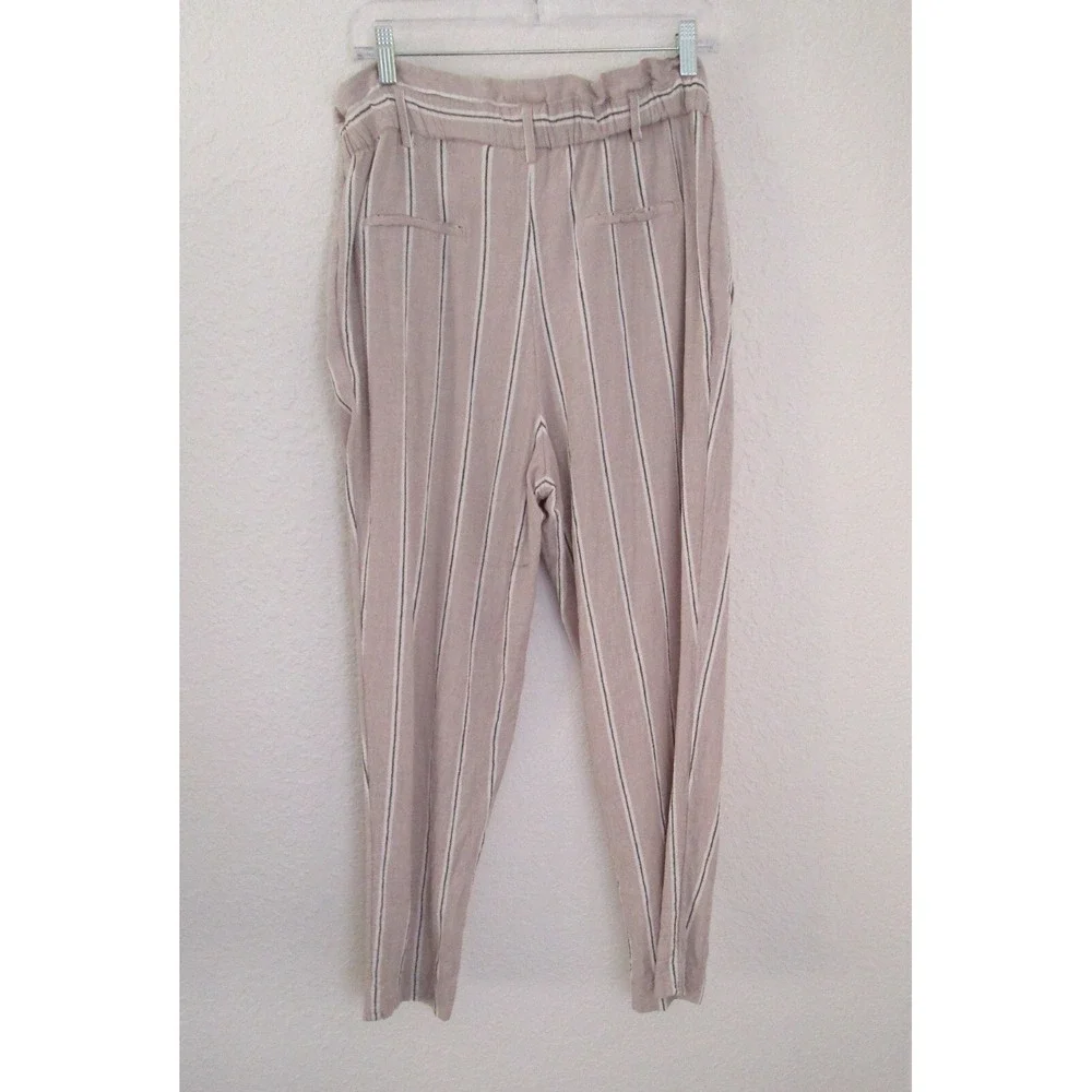 H&M Linen Blend Paper Bag Striped Women's Pant Size 10 Beige Coastal Boho